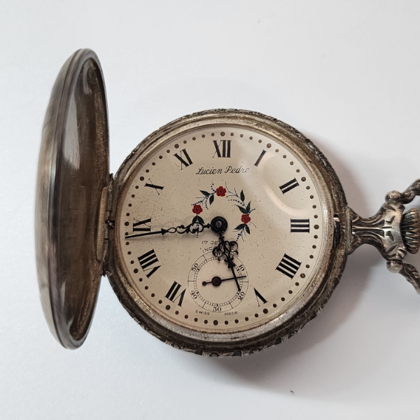 Gorgeous Lucien Pedre 17 Jewels Silver-Tone Pocket Watch ft. Floral Art & Hunting Scene