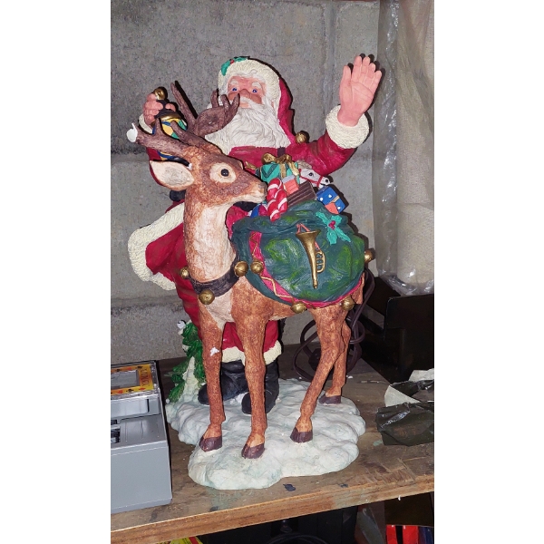 Large Santa On Holiday Reindeer Figural Statue App 14" Tall Ex Condition