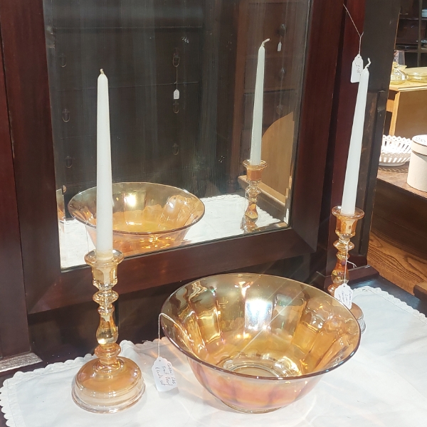 Carnival Glass - 3 Pc Set In Marigold - 1 Large Bowl / 2 Candlesticks -  Perfect Condition