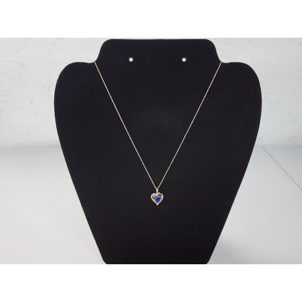 Beautiful 10K Gold Heart Necklace with Blue and Clear Stones - 18in - 1.7g