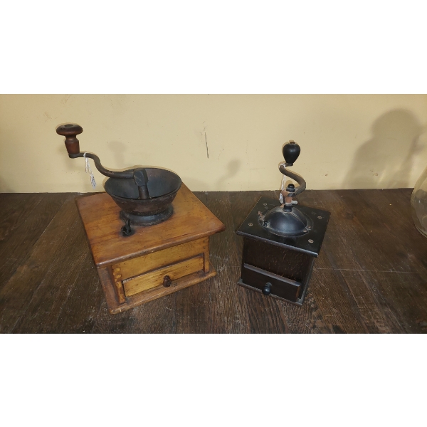 Antique Coffee Grinder Set - 2 Pcs As Shown - Wood & Iron  with Drawers - See Pics
