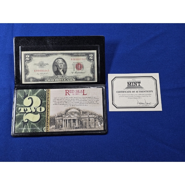 Series 1953-A United States Note $2 Bill Red Seal in Folder w/ Info Card & COA - Great Condition