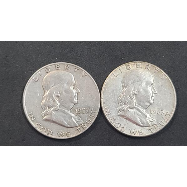 United States 1957-D & 1963 90% Silver Franklin Half Dollars - Face Value: $1.00