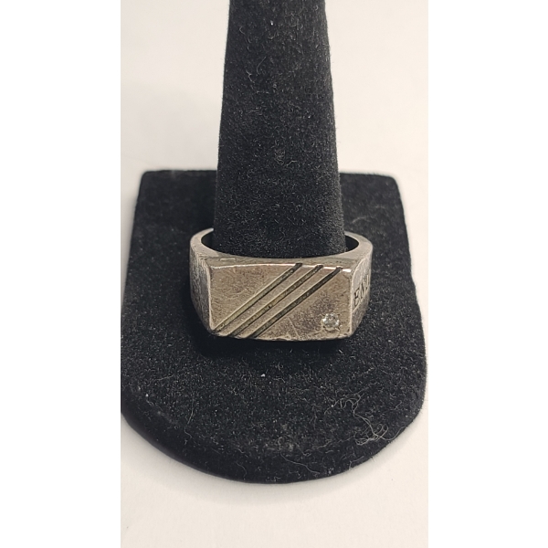 Vintage EMP Men's Sterling Silver CTO Geometric Signet Ring With Diamond - Size 11.5 - Weight: 12.6g
