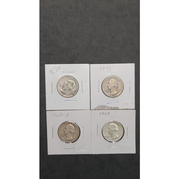 1940, 1942, 1960-D, 1964 90% Silver Washington Quarters - Face Value: $1.00
