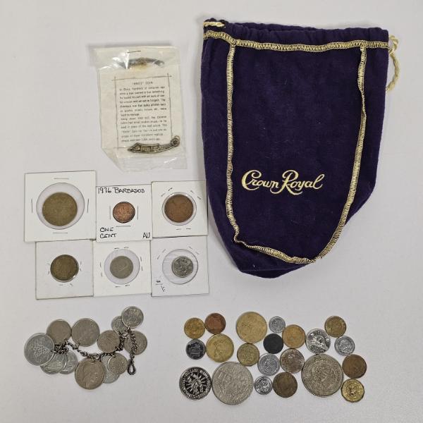 Vintage World Coins With Barbados Cents, Chinese Replica, And Crown Royal Bag
