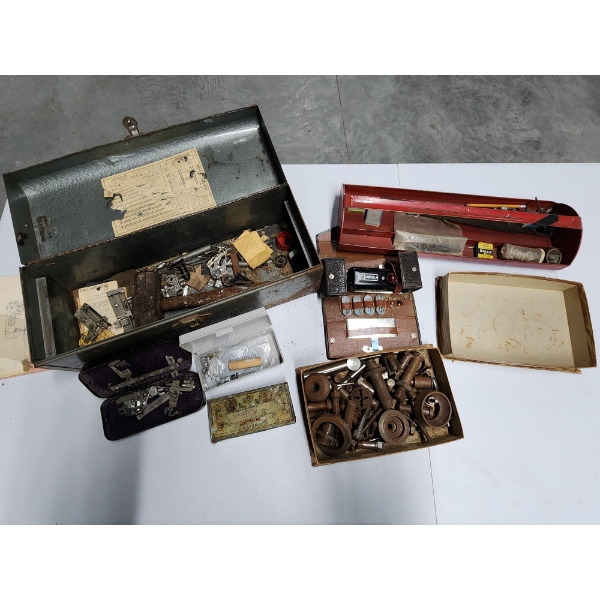Lot of Assorted Tools, Parts, Nice Metal Toolbox, Vintage White Magic Key Buttonhole Worker