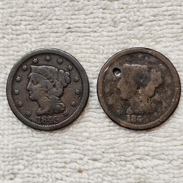 Two United States Braided Hair Large Cent Copper Pennies FV: $.02