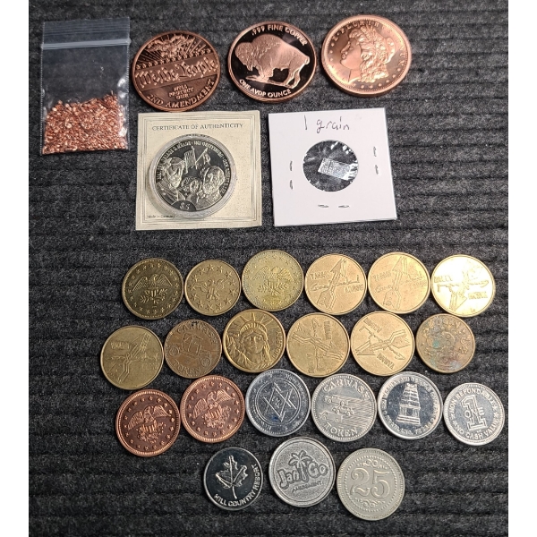 1 Grain Of .999 Fine Silver, (3) Copper 1 Oz Coins, Copper Flake, $5 Gettysburg Commemorative Coin
