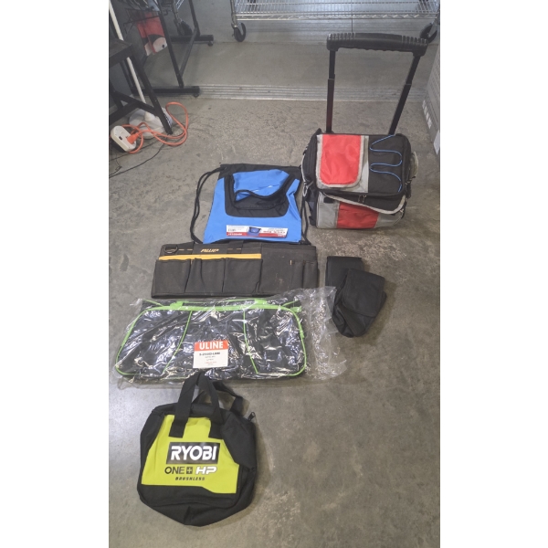 Cinch Sack, Rolling Insulated Cooler, Collapsible AWP Bag, Tool Pouches, Uline Duffle & Small Ryobi 