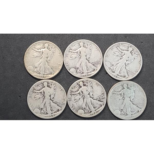 (6) Assorted Years/Mint Marks U.S 90% Silver Walking Liberty Half Dollars - Face Value: $3.00
