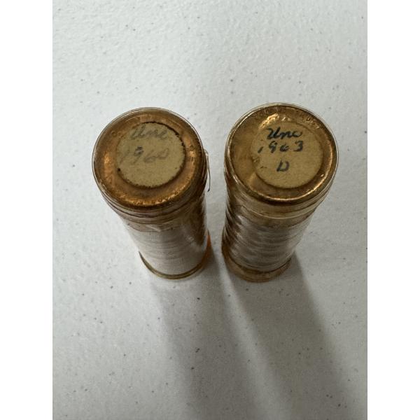 2 - Uncirculated Rolls of United States Lincoln Cents 1960-P & 1963-D - Mint Condition