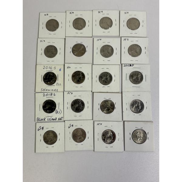 Assorted Quarters in Labeled Cards - Mostly 2000's Dates - FV $5.00 - Includes Guam & American Samoa