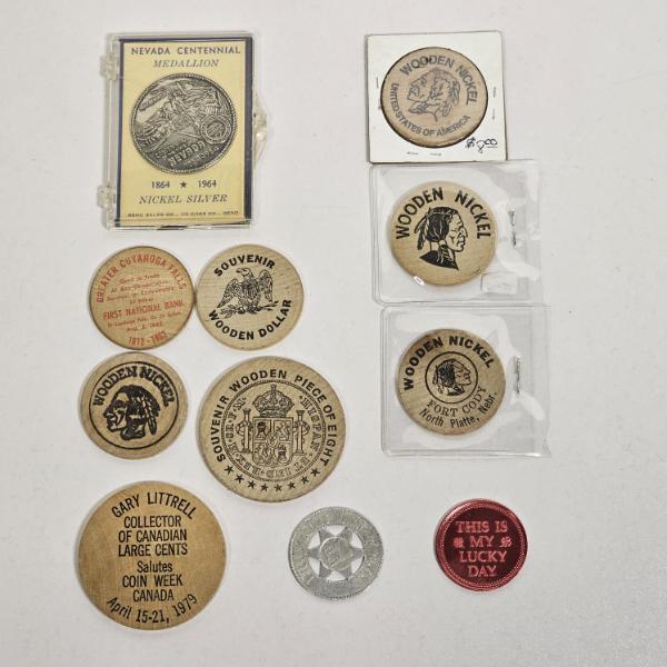 Vintage Wooden Nickels And Commemorative Tokens