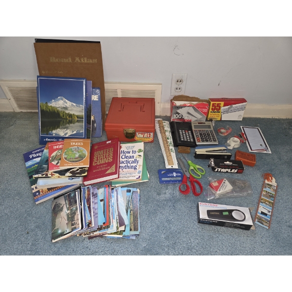 PICKUP IN CANTON - Home Office Supplies, Small File Box, Two Road Atlases, Post Cards, And Useful Bo