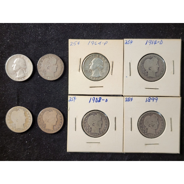$2 Face Value in Assorted 90% Silver Quarters Including Barbers & Washington Head
