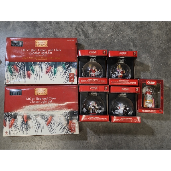All Brand New- Two 140 Light Sets, And 5 Collectable Coca Cola Ornaments