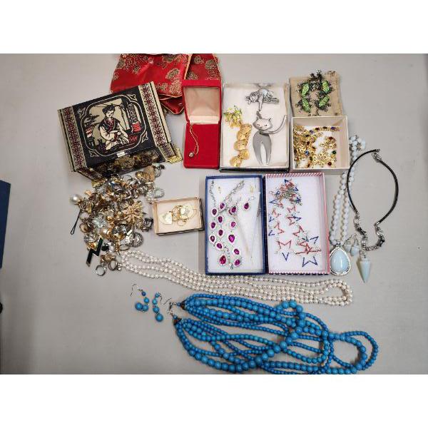 Assorted Costume Jewelry: Huge Lot of Rings, Necklaces, Earrings, Tin Jewely Box