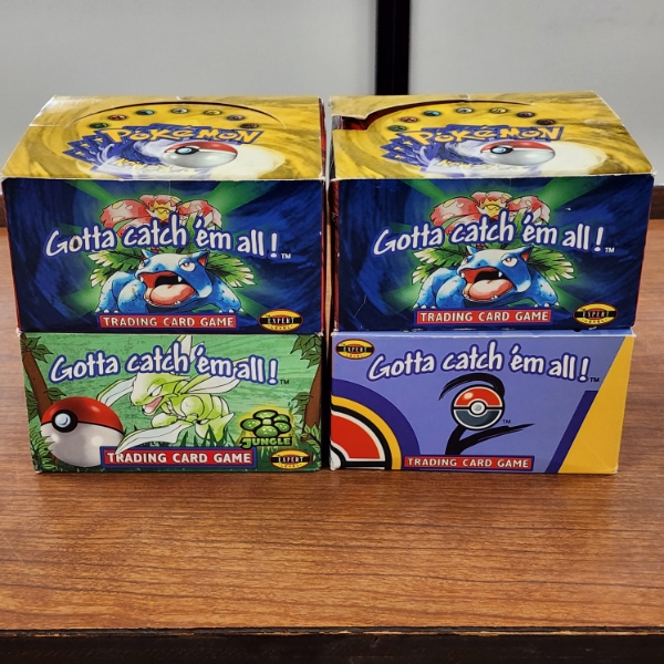 Four EMPTY Vintage Pokemon Trading Card Wax Boxes ~ Two Base Set, One Base Set Two & One Jungle Set