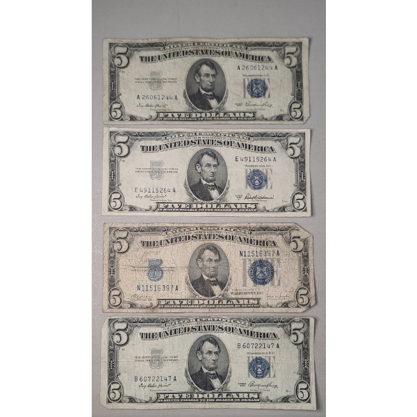 (4) Assorted Series United States $5 Silver Certificates - Face Value: $20.00