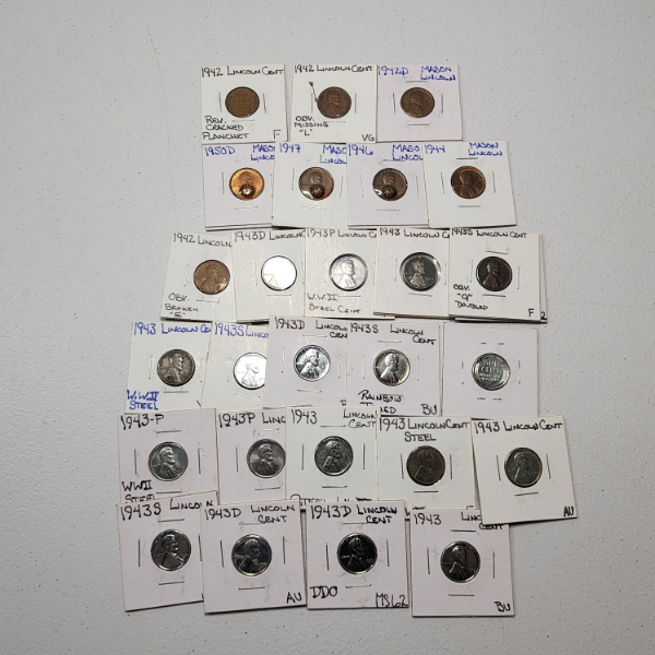 Lot of 28 Assorted Lincoln Wheat Cents - 1940's - Steel Cents, Mason Cents - Face Value: $0.28