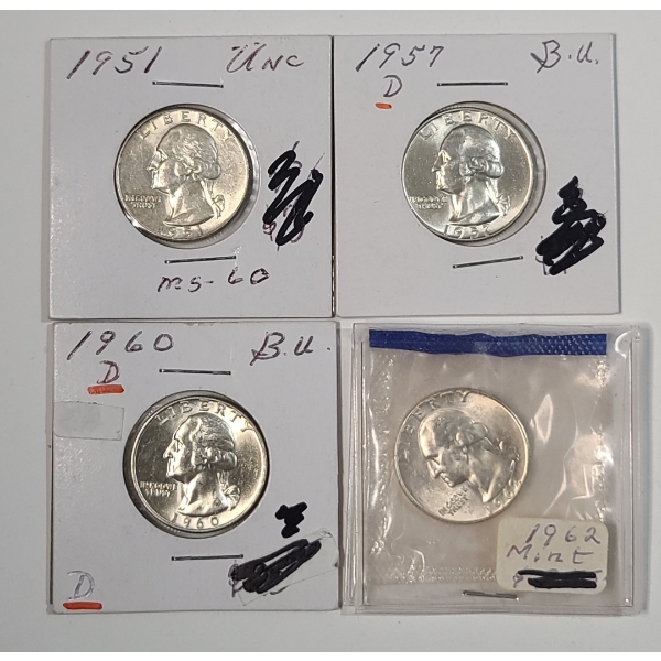 (4) United States 90% Silver Washington Quarters - 1951, 1957-D, 1960-D, 1962 