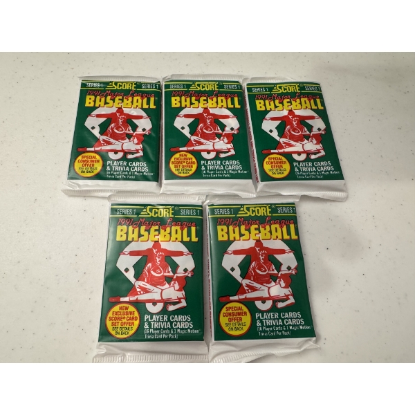 5 - 1991 Score Series 1 Unopened Baseball Card Wax Packs - Mint Condition - 16 Cards Per Pack