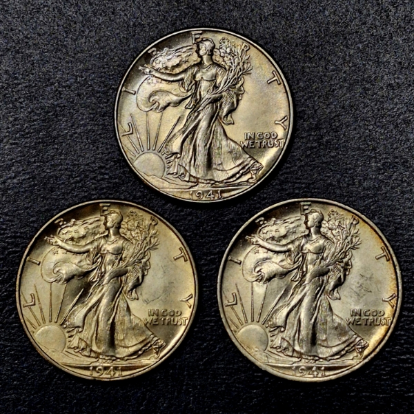 3 Pcs - 1941 P / 1941 D / 1941 S  Walking Liberty Half Dollars - High Grade - See Pics