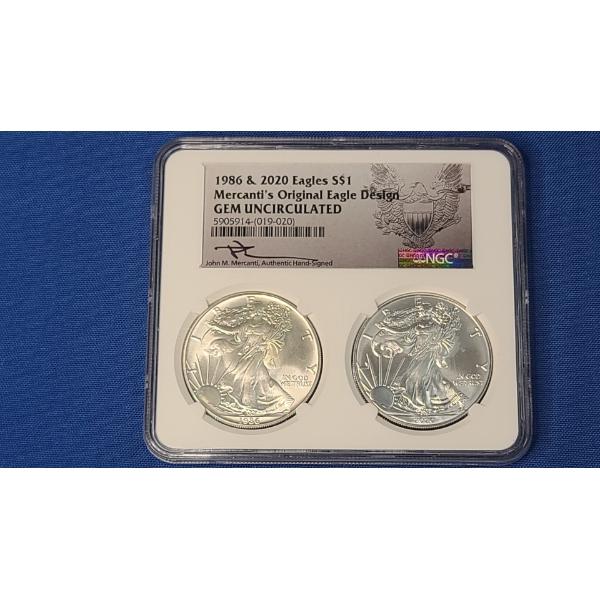 NGC 1986 & 2020 GEM Uncirculated Mercanti's Original Eagle Design 1 Oz Fine Silver Eagles