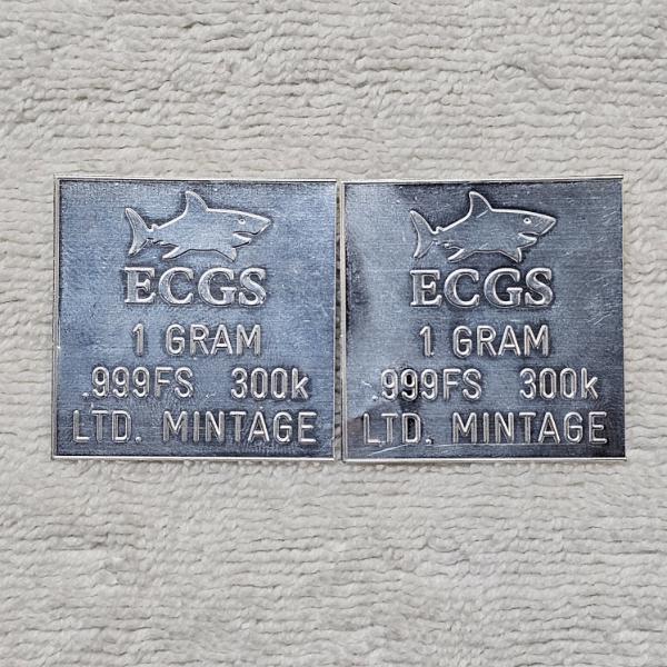 Two ECGS 1-gram .999 Fine Silver Bars featuring a Shark Design