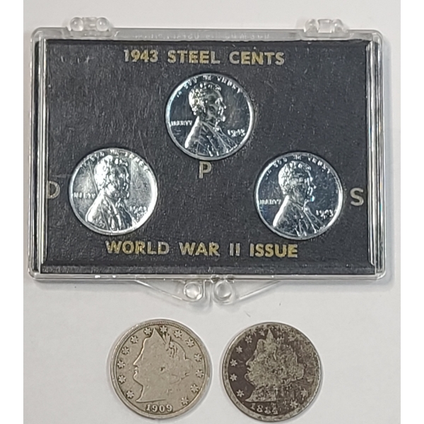 1943 Steel Lincoln Cents 3 Mint World War II Issue Set & (2) U.S Liberty Head "V" Nickels - FV $0.13
