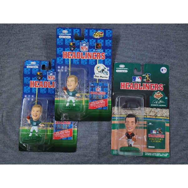 3 Officially Licensed NFL/MLB Corinthian Headliners Bobbleheads ~ 2 Dan Marino & 1 Roberto Alomar!