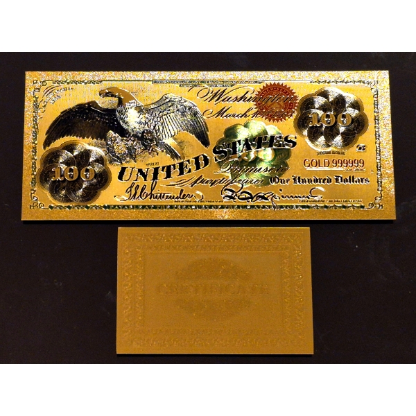 Pure 24k .999 Gold Foil United States 1863 "$100 FLYING EAGLE" Large Note In Pure Gold w COA