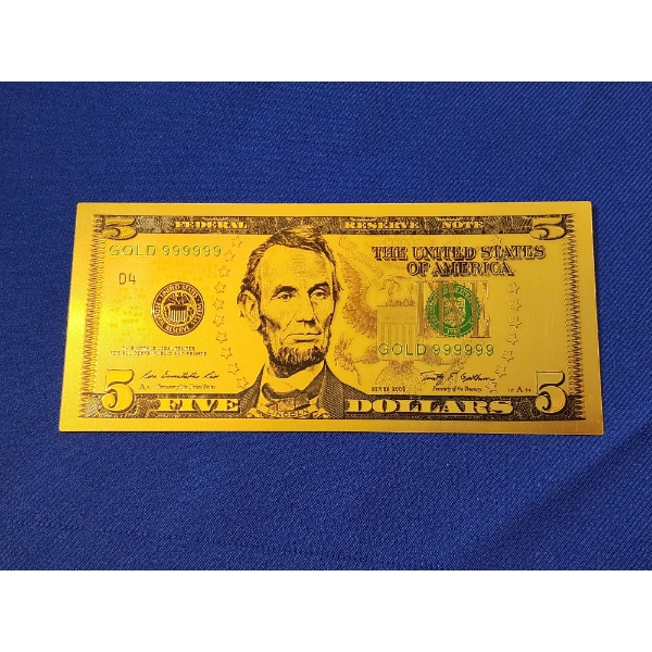 United States $5 Note 999999 Gold Foil Banknote - Excellent Condition