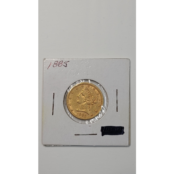 United States 1885 $5 Liberty Head Half Eagle 90% Gold Coin - AGW: 0.2419oz
