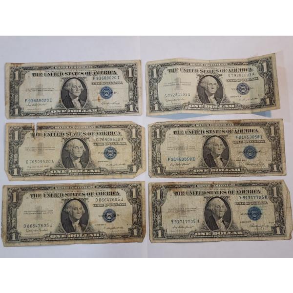 Six Assorted United States $1 Blue Seal Silver Certificates FV: $6.00