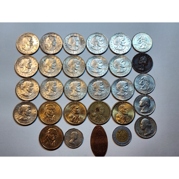 Assorted Coins Including: Susan B. Anthony, Sacagawea Dollars, Quarters, Foreign: FV U.S. : $25.25