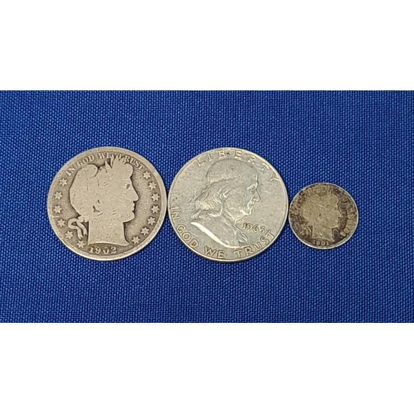1963 Franklin Silver Half Dollar , 1902 Barber Silver Half Dollar & 1901 Barber Silver Dime