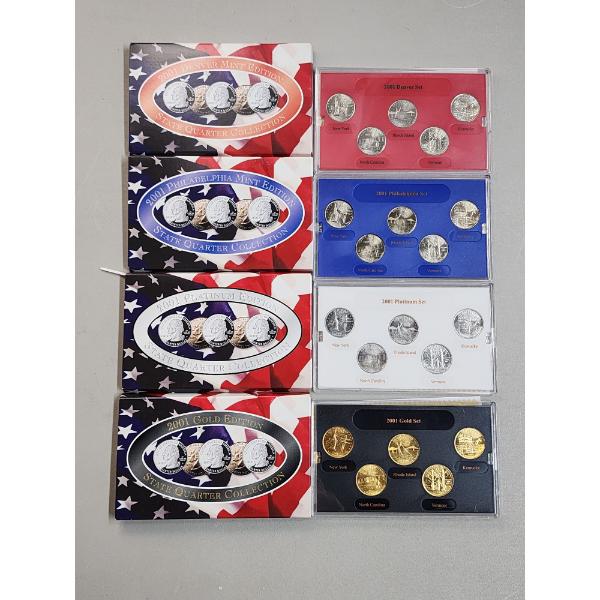 (4) 2001 State Quarter Collection Sets: Gold Edition/Platinum Edition/Philadelphia Mint/Denver Mint