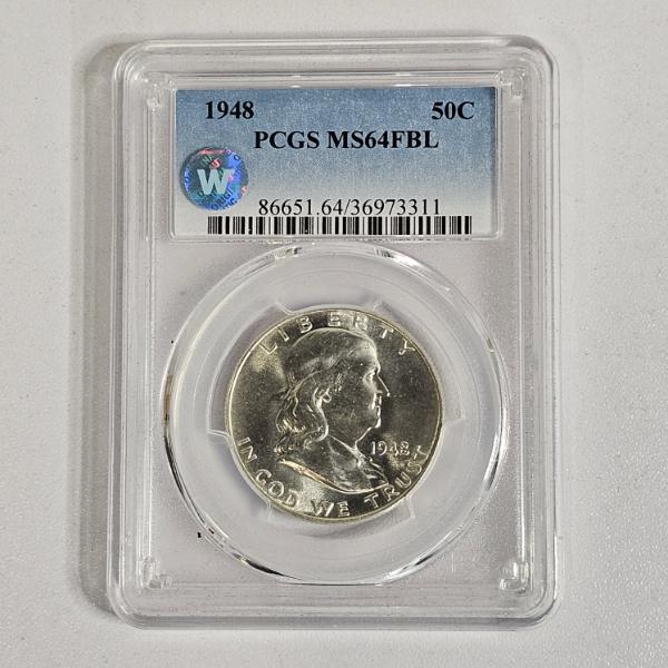 1948 90% Silver Franklin Half Dollar, graded MS64 by PCGS