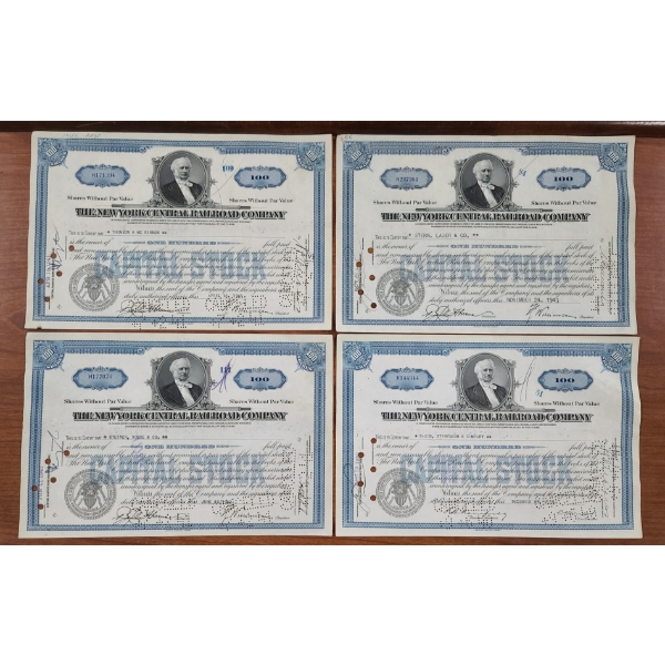 Lot of Four 1930's & 40's New York Central Railroad Company 100 Shares Stock Certificates 