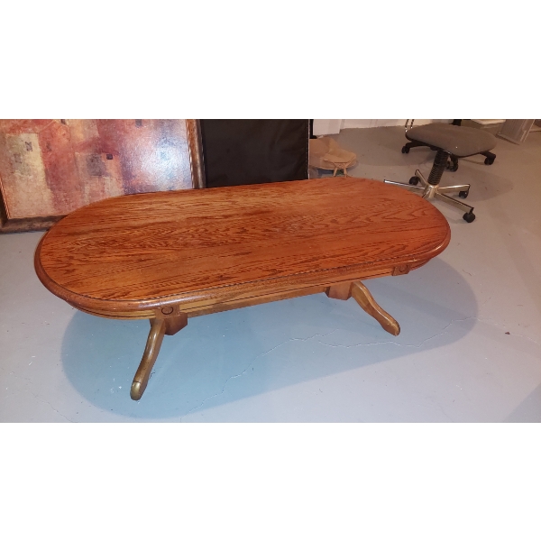 Vintage 4 Leg  Solid Wood Coffee Table - Twin Pedestals Supporting Each Leg Side.  Nice condition