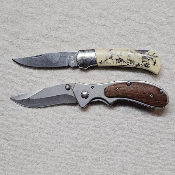 Two Folding Pocket Knives: Sabre Scrimshaw Lockback and Sheffield Boreal Linerlock