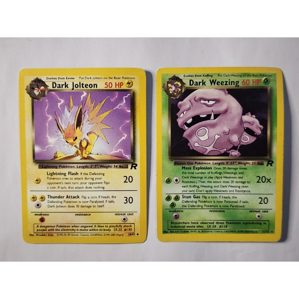 Two Vintage Dark Pokemon Trading Cards - Dark Jolteon 38/82 & Dark Weezing 31/82