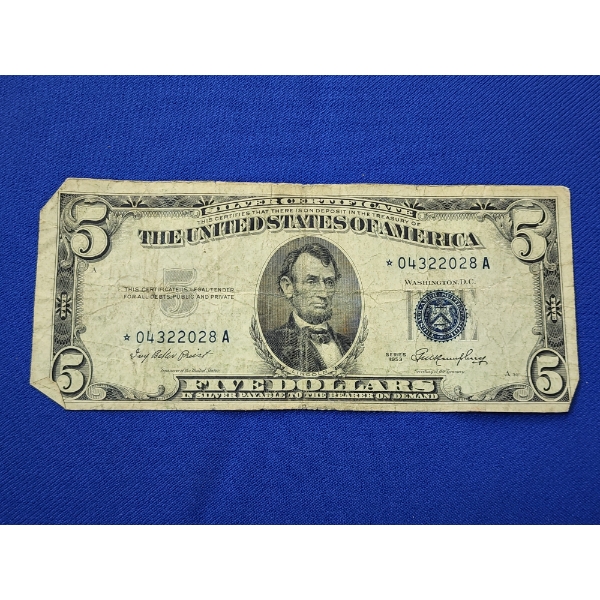 United States Blue Seal $5 Silver Certificate Series 1953 *STAR NOTE* SN:04322028A