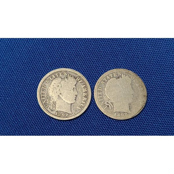 (2) 1892 Barber 90% Silver Dimes - Face Value: $0.20