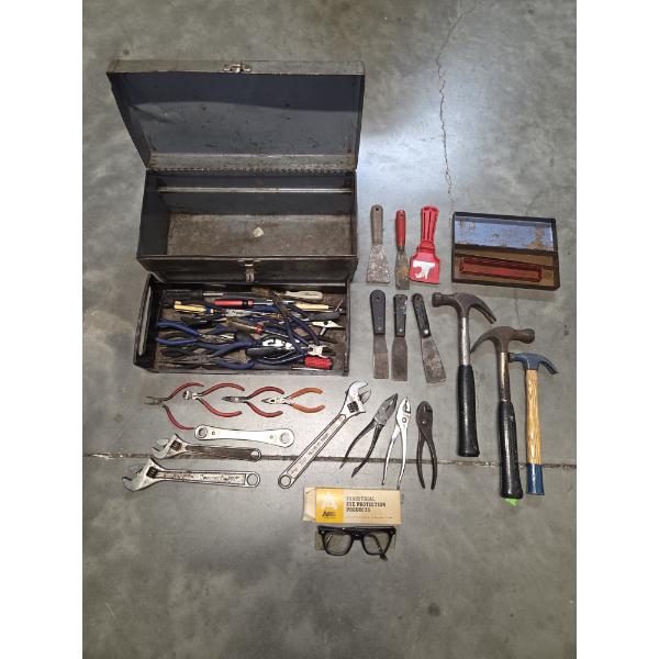 Gray Metal Tool Box With Tray. Includes Great Collection Of Useful Tools, Including Wrenches, Pliers