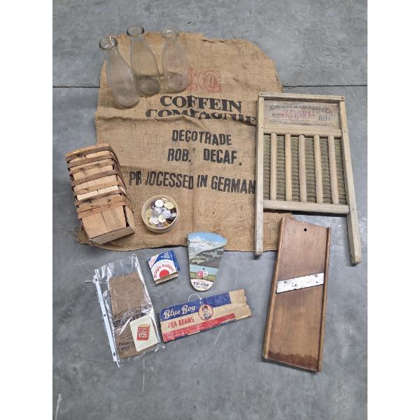  Vintage Cabbage Slicing Board, Wood Quart Containers, Wash Board And More