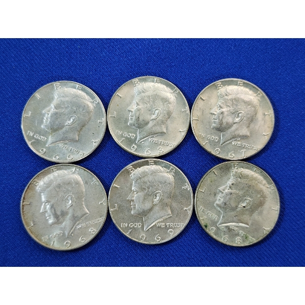 x6 40% Silver Kennedy Half Dollars: 1966, 1968, 1968, 1969, 1968, 1967 FV: $3.00