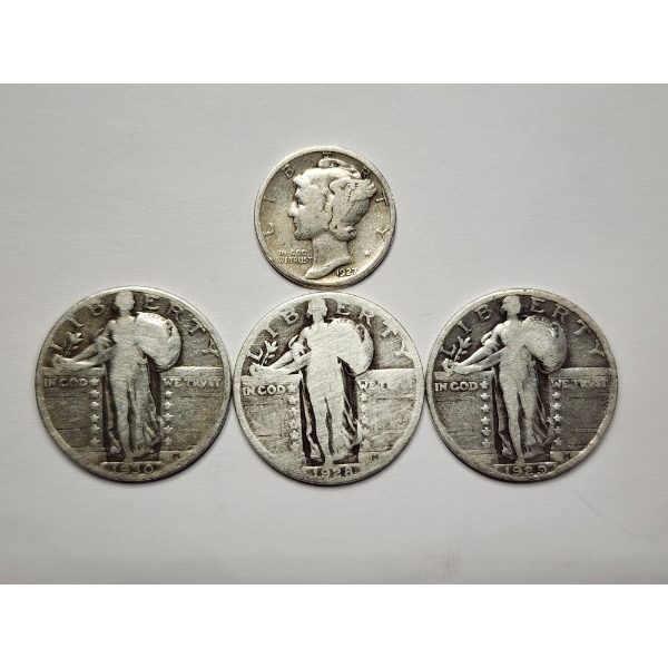 $0.85 in 90% Silver U.S. Coins - Three Standing Liberty Quarters & A Mercury Dime